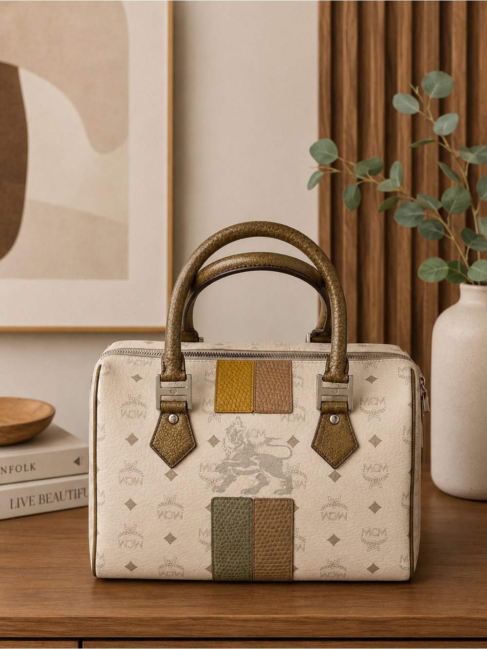 MCM White Visetos Princess Lion Boston Bag